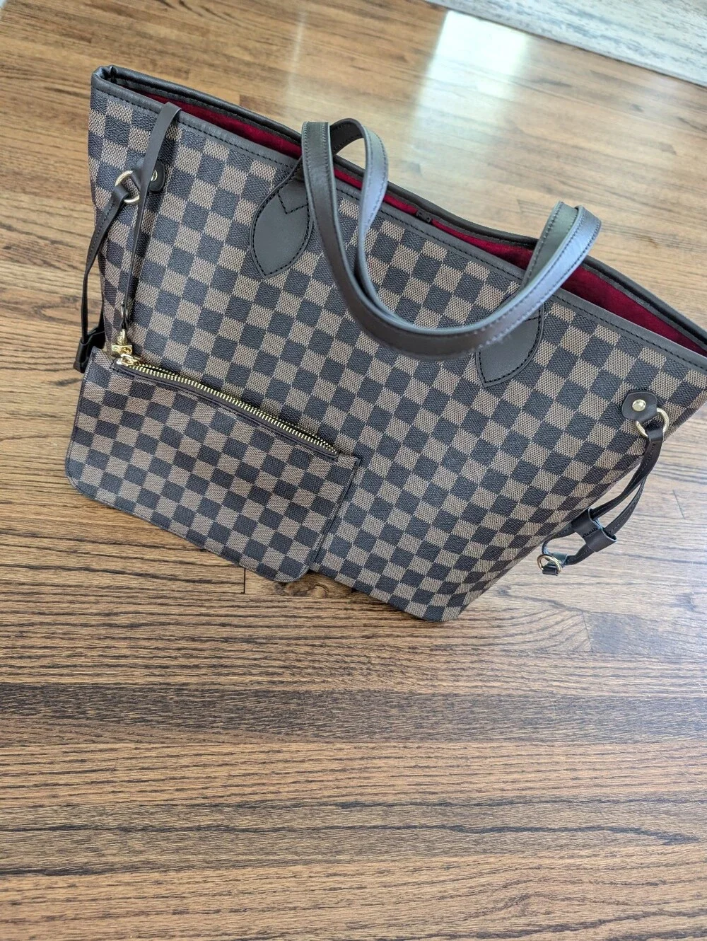 Mila Kate Brown Faux Leather Checked Never Full Large Tote Handbag Red Interior